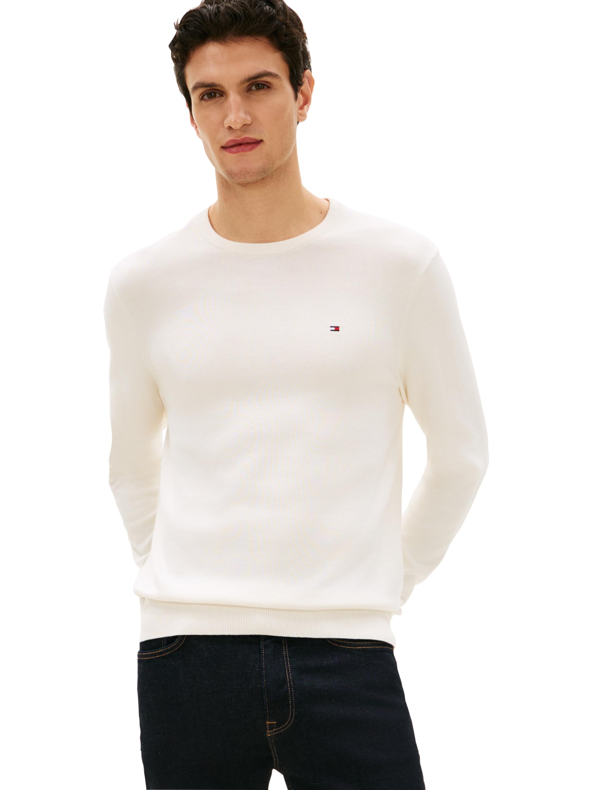 Tommy Hilfiger Men's Ivory Petal Cotton Solid Crewneck Sweater Lightweight Pullover, Also Available In Big & Tall, S