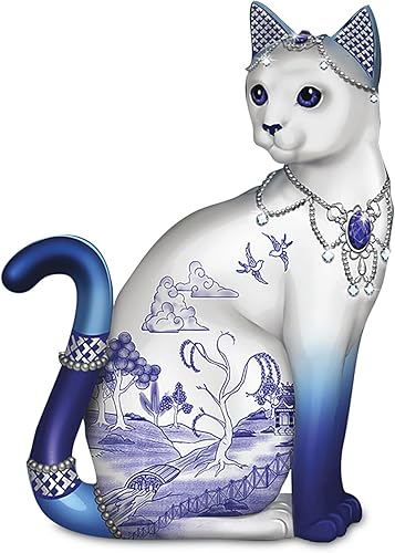 The Hamilton Collection Figura de gato de porcelana pintada a mano de sauce azul brillante con un patrón de porcelana de sauce azul y adornada con