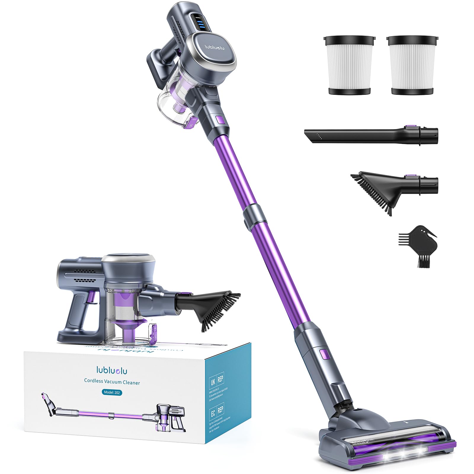 Lubluelu Akku Staubsauger mit 25kPa 220W, Staubsauger Kabellos mit LED-Bürste & HEPA Filter, Akkusauger bis 50Min. Laufzeit, Vaccum Cleaner Freistehend für Hartböden, Tierhaare, Teppiche (Lila)