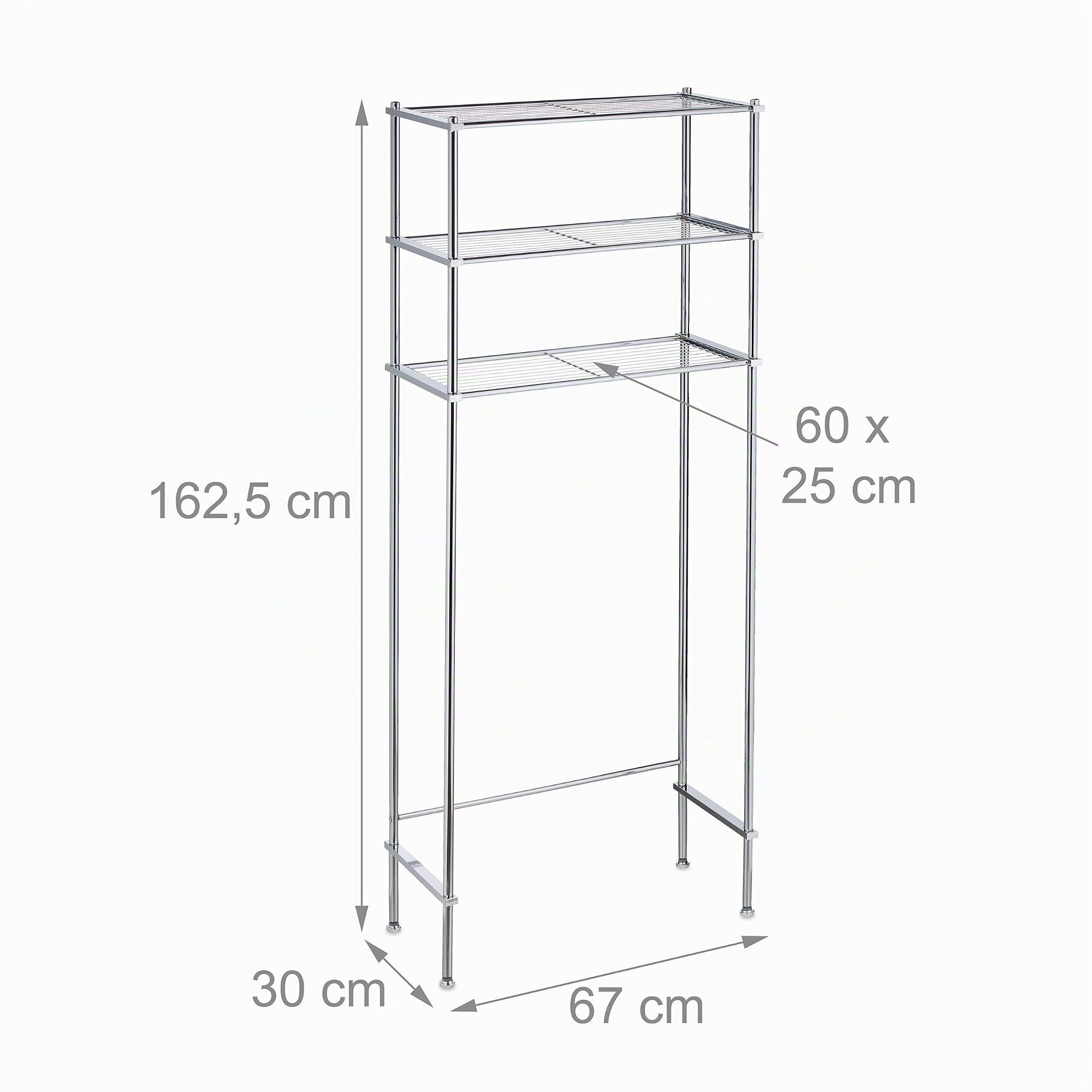 Relaxdays Mobile per Lavatrice in Metallo, 3 Scaffali per Bagno o Lavanderia, sopra WC HxLxP 162,5x67x30 cm, Argento