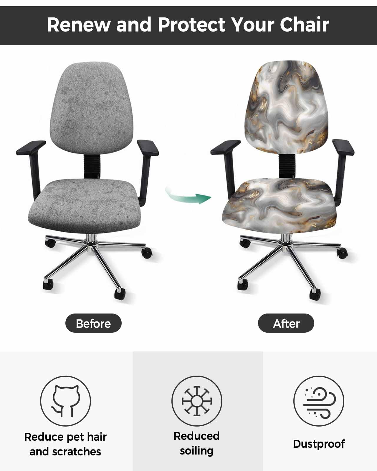 Black Gray Marble 2 Pieces Computer Office Chair Covers Set,Stretchable Desk Rotating Chair Seat Cushion Slipcover Back Covers,Modern Abstract Golden White Texture Slipcover Back Cover Protector Cover