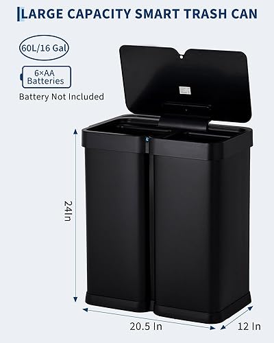 Miniatura 2 de Bote de basura de cocina de acero inoxidable de 16 galones60 litros con tapa y doble barril, cubo de basura inteligente sin contacto, cubo de basura