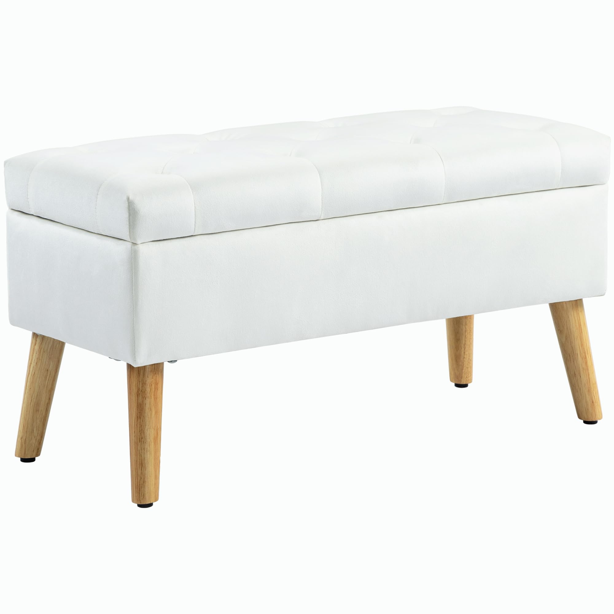 HOMCOM Banco de Almacenamiento con cojín y Tapa, 80x35x42 cm, Blanco | Banco de cama con aspecto terciopelo, para pasillo, dormitorio, salón, madera de caucho.