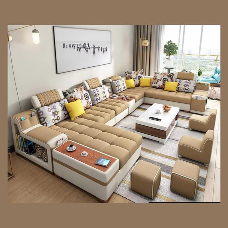 Image of Homax. Livia 12-Seater Modular U-Shape Sectional Sofa Set - Interchangeable Design, Smart Console, Bluetooth Speakers, USB Deck, Adjustable Headrests, Multi Storage | Color: Brown-White