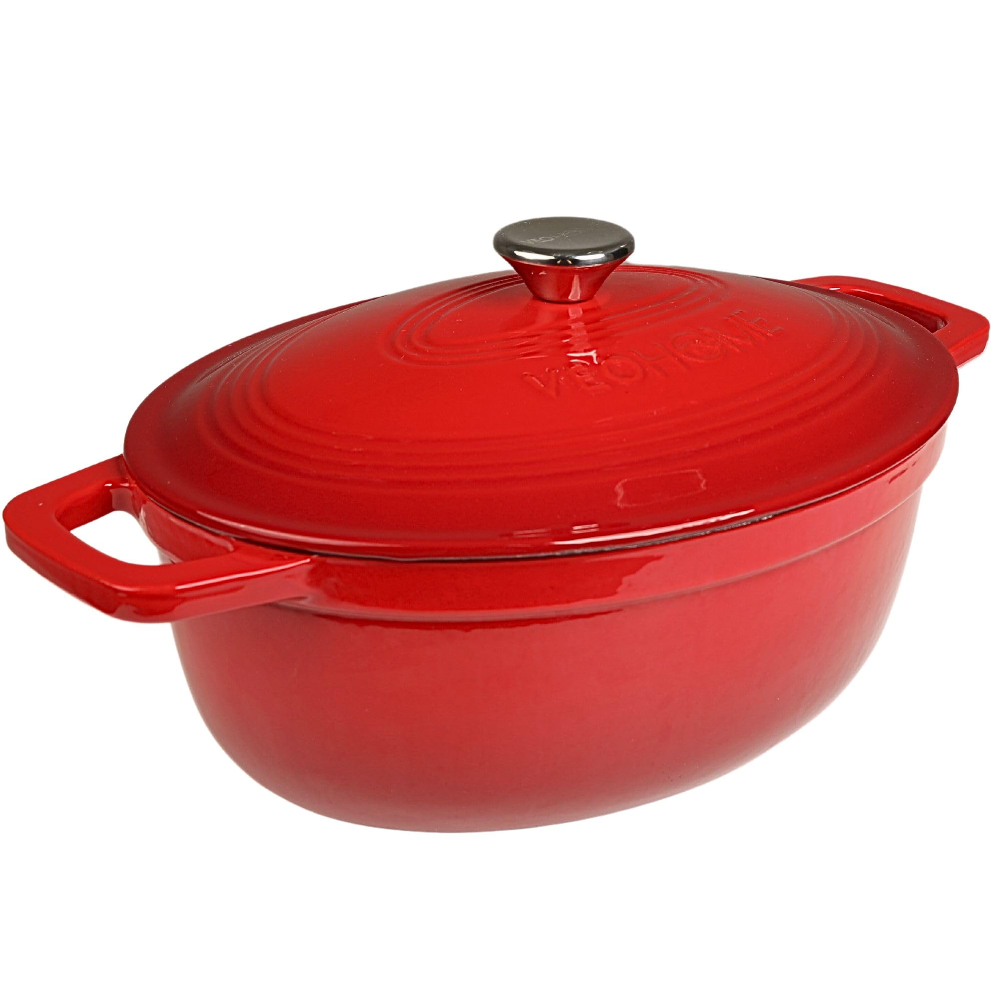 Cocotte Fonte Émaillée VeoHome Rouge 6L ovale, Faitout Ultra Résistant,​Marmite Compatible Induction/​Gaz/​Four, Cuisson Homogène, Saveurs Authentiques, Couvercle Relief