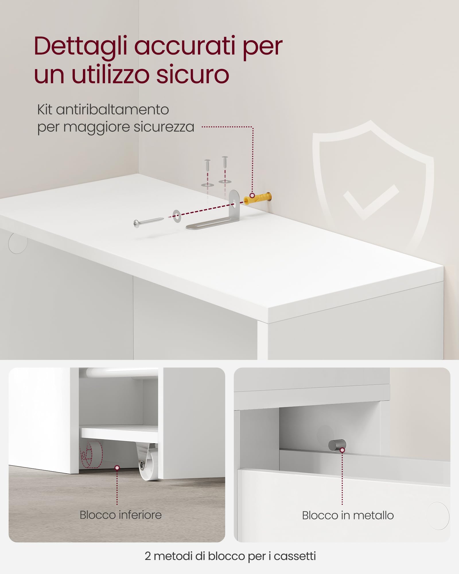 VASAGLE Mobile Bagno Alto, Mobiletto Bagno a Colonna con Cassetti e Ripiano Regolabile, per Spazi Piccoli, Stile Moderno, Bianco Classico BBK567T14