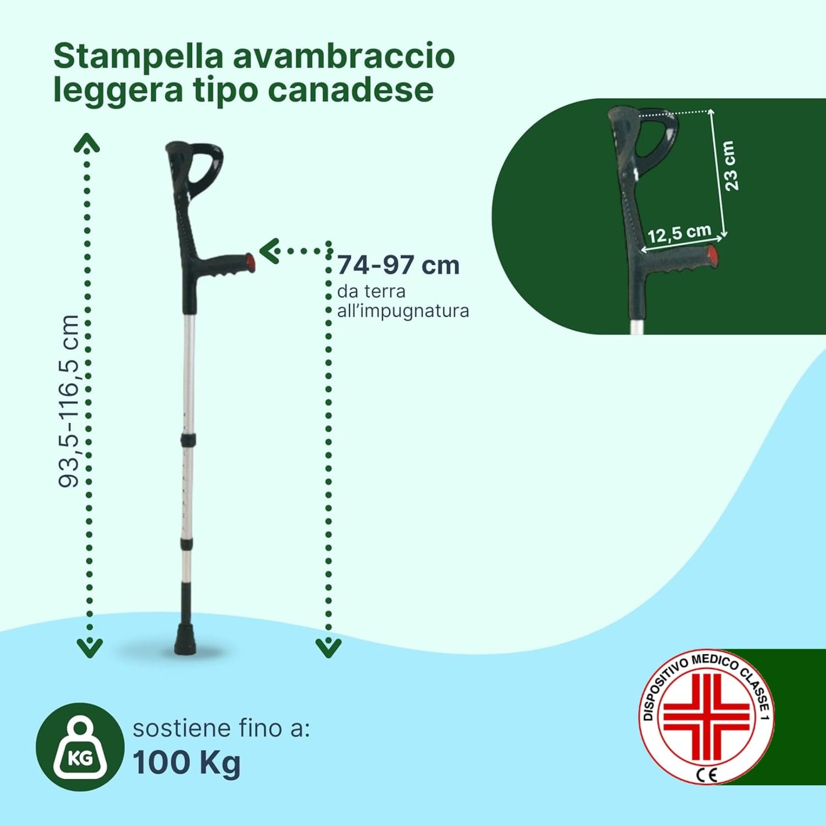 Stampelle Ortopediche Regolabili con Ammortizzatore, 2 Unità | Stampelle Canadesi in Alluminio Anodizzato, Altezza 74-97cm, Nero/Argento