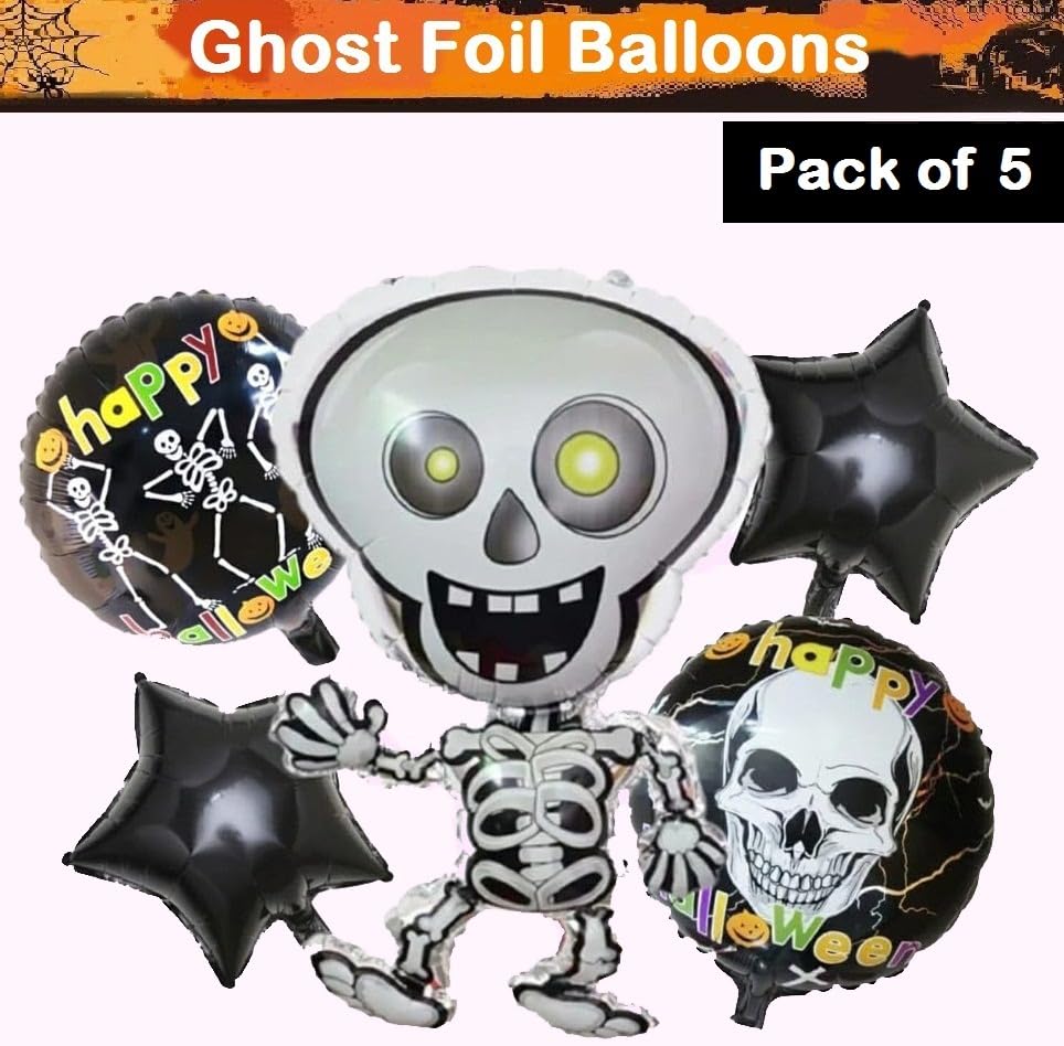 Image of AMFIN (Pack of 5) Happy Halloween Party, Skeleton Ghost Foil Balloons - White, Black