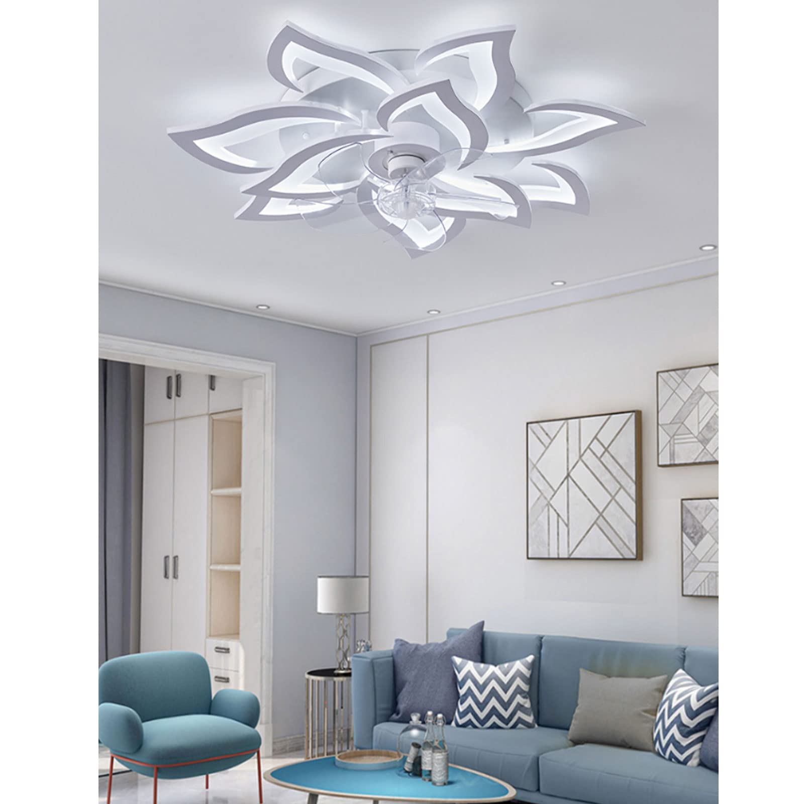 Ceiling Fans with Lights, Modern Ceiling Fans with Lights and Remote Control, 32.7in 100W Fandelier Ceiling Fan with Light Lights Colors Changing, Quiet, Timer, Suitable for Bedroom, Living Room