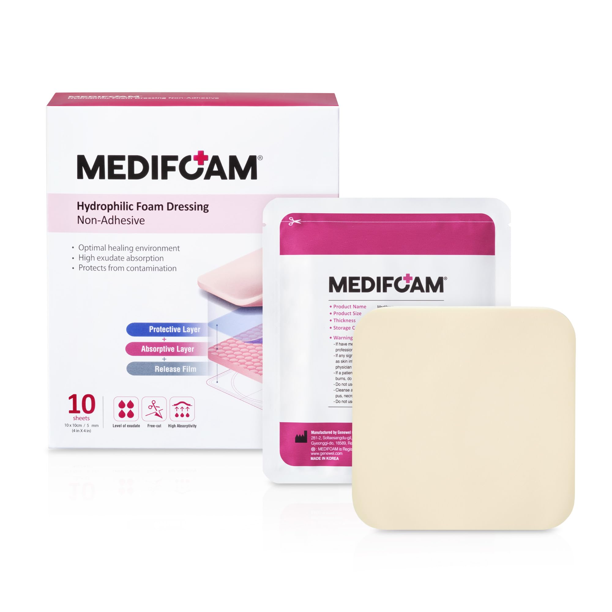 Hydrophilic Foam Dressing, Non-Adhesive, Foam Dressing for High exudate Wounds, 4in x 4in (10sheets)