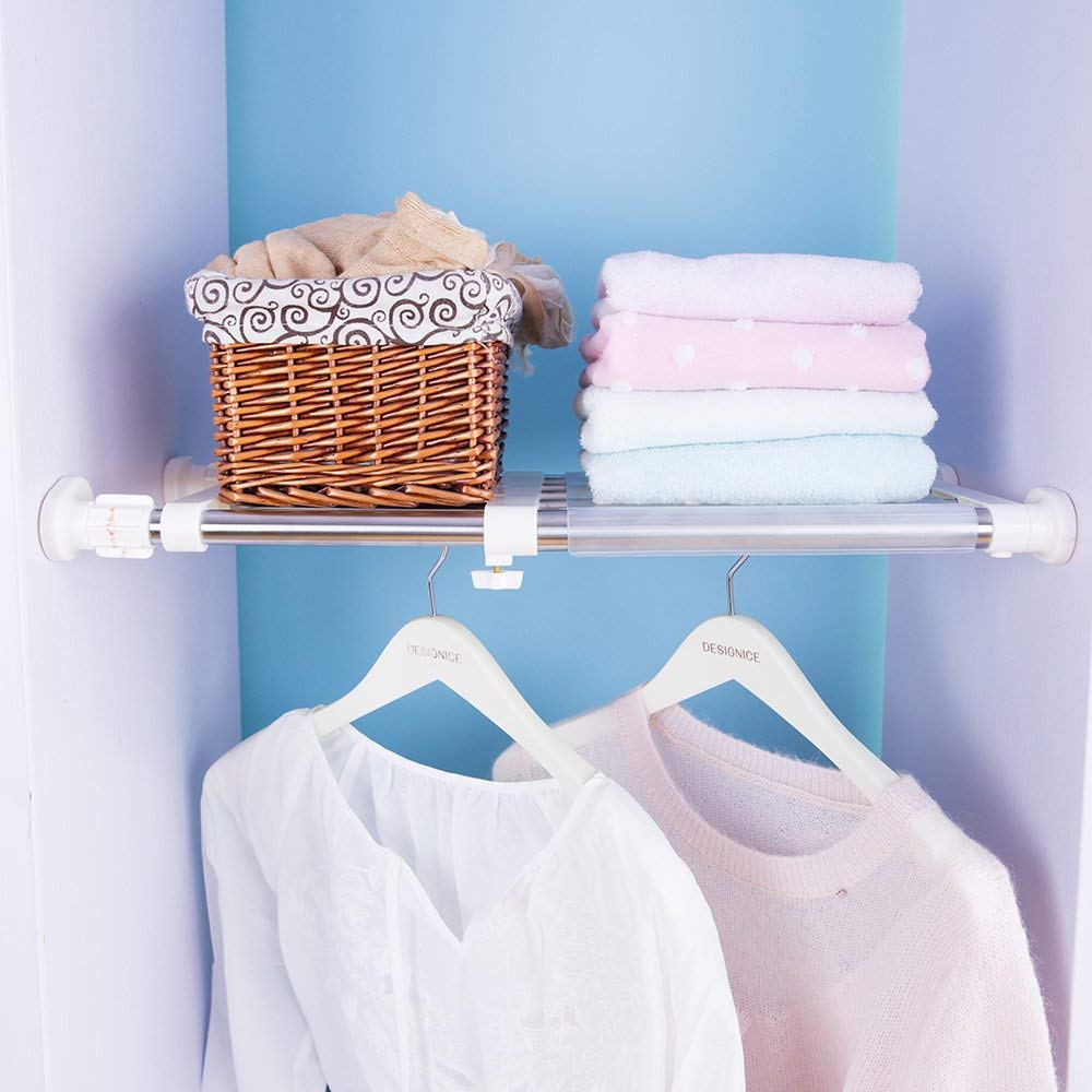 BAOYOUNI Expandable Tension Shelf Adjustable Closet Rod DIY Divider Hanger Clothes Storage Rack Organizer for Bathroom Kitchen Cupboard Wardrobe Bookcase (White)