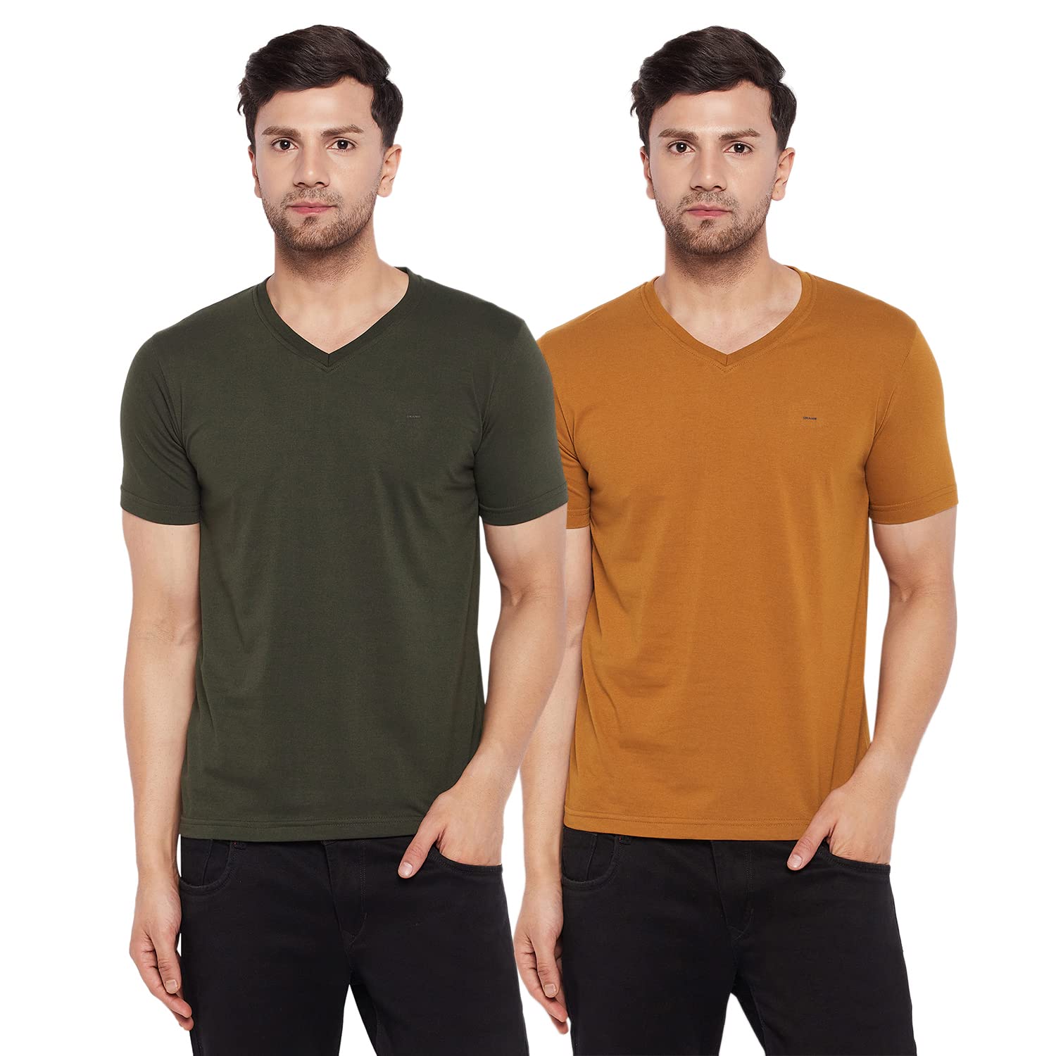 Orewaby OKANE Men's Solid V-Neck Cotton T-Shirt (Pack of 2), Olive/Mustard L