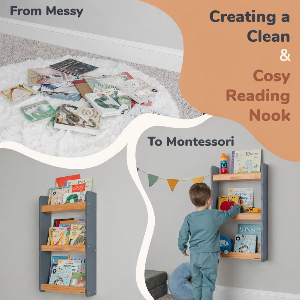 Ocodile Floating Kids Bookshelf – 3-Tier Wall Mounted Bookshelf for Nursery & Playroom – Montessori Floating Shelves for Kids Room Made of Pine Wood with Smooth Finish - Gray