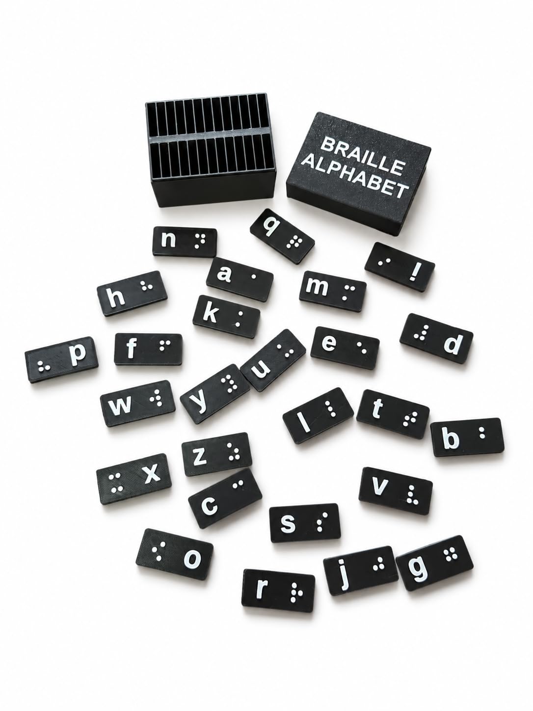 Braille Alphabet Learning Toy Set for Blind & Visually Impaired Kids, Tactile Braille Letter Cards with Storage Box, Montessori Sensory Educational Toy, Orange (Low-Case Black/White)