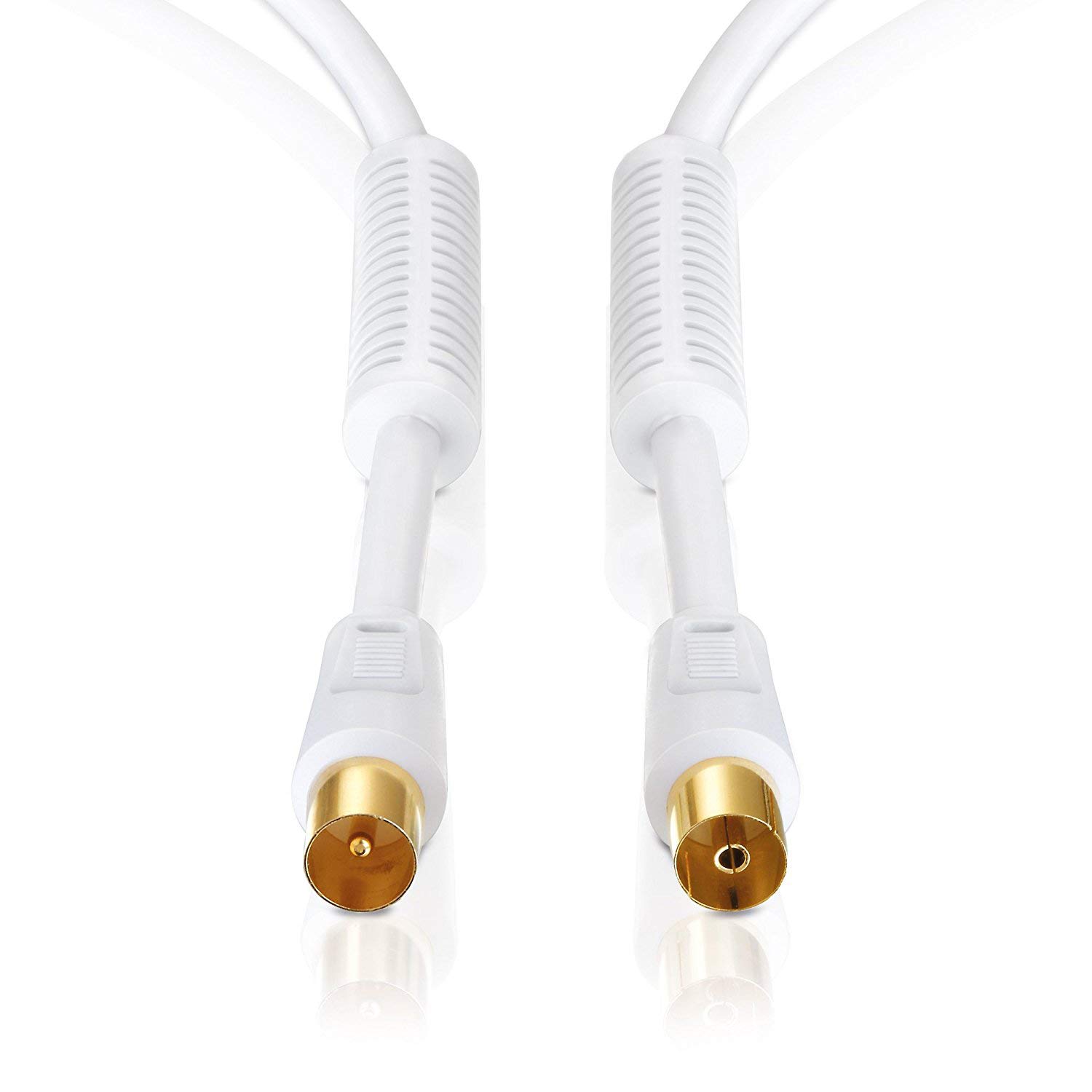 Kabel antenowy | 15 m | 75 omów | 110 dB | 4-krotnie ekranowany | wtyczka koaksjalna | kabel koncentryczny | TV radio DVB-T DVB-T2 DAB | 2 X rdzeń ferrytowy | biały | 15 metrów