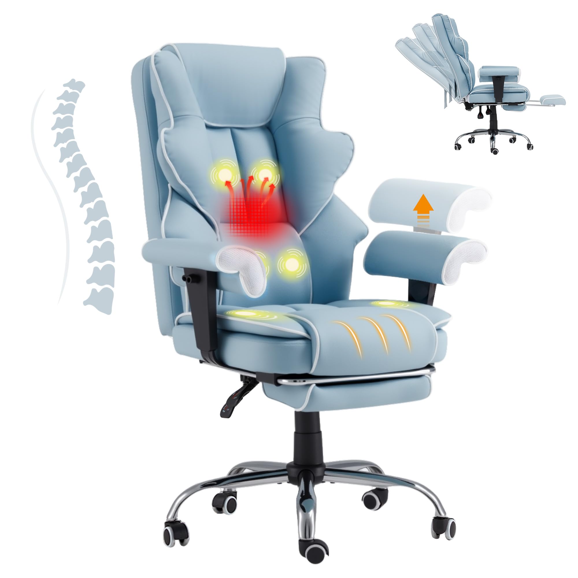 HOMREST 6-Point Massage Executive Chair,Heat Office Chair,Ergonomic Home Office Desk Chairs with Retractable Footrest and Reclining Function,Leather Computer Chair with Adjustable Armrest(‌Airy Blue)