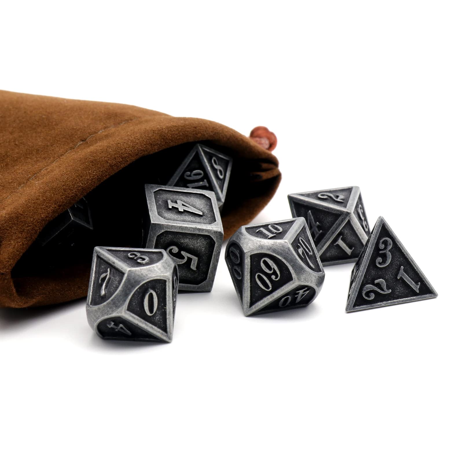 Metal Dice Set, HNCCESG Polyhedral D&D Dice for Dungeons and Dragons RPG DND Dice for Role Playing MTG Tabletop Gaming Shadowrun Pathfinder 7PCS D20 D12 D10 D8 D6 D4(Ancient Silver)