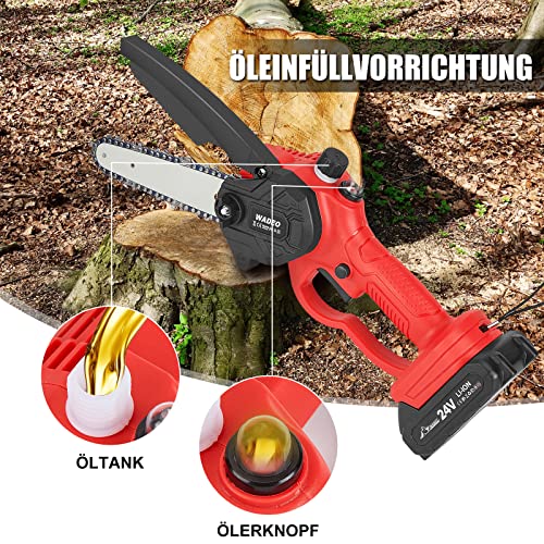 WADEO Mini Kettensäge mit Akku 24V, 6 Zoll und 4 Zoll Kettensäge mit 2 Akku und Automatischem Öler, 2-in-1 Kabelloser Handkettensäge für Gartenscheren Astschere Holzschneiden (2 Batterien, 4 Ketten) – Bild 3