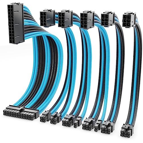 deleyCON Netzteil Kabel Verlängerung Set 6-Teilig 30cm - Grafikkarte PC Computer Mainboard ATX 24-Pin EPS 4+4-Pin PCI Express 6+2-Pin & 6-Pin Stromkabel Stecker auf Buchse Schwarz Blau