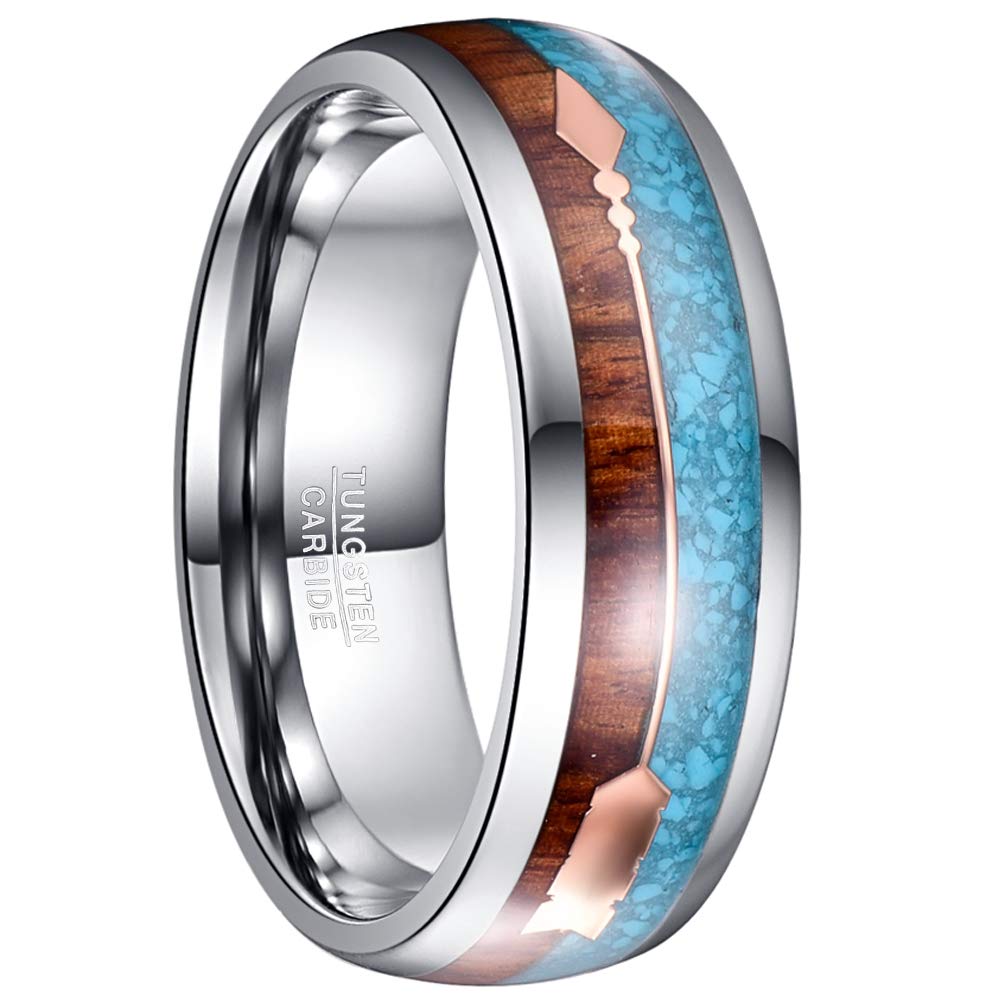 VakkiRose Gold Arrow Tungsten Ring for Men Koa Wood and Turquoise Inlay 8mm Silver Wedding Band Size 7-12