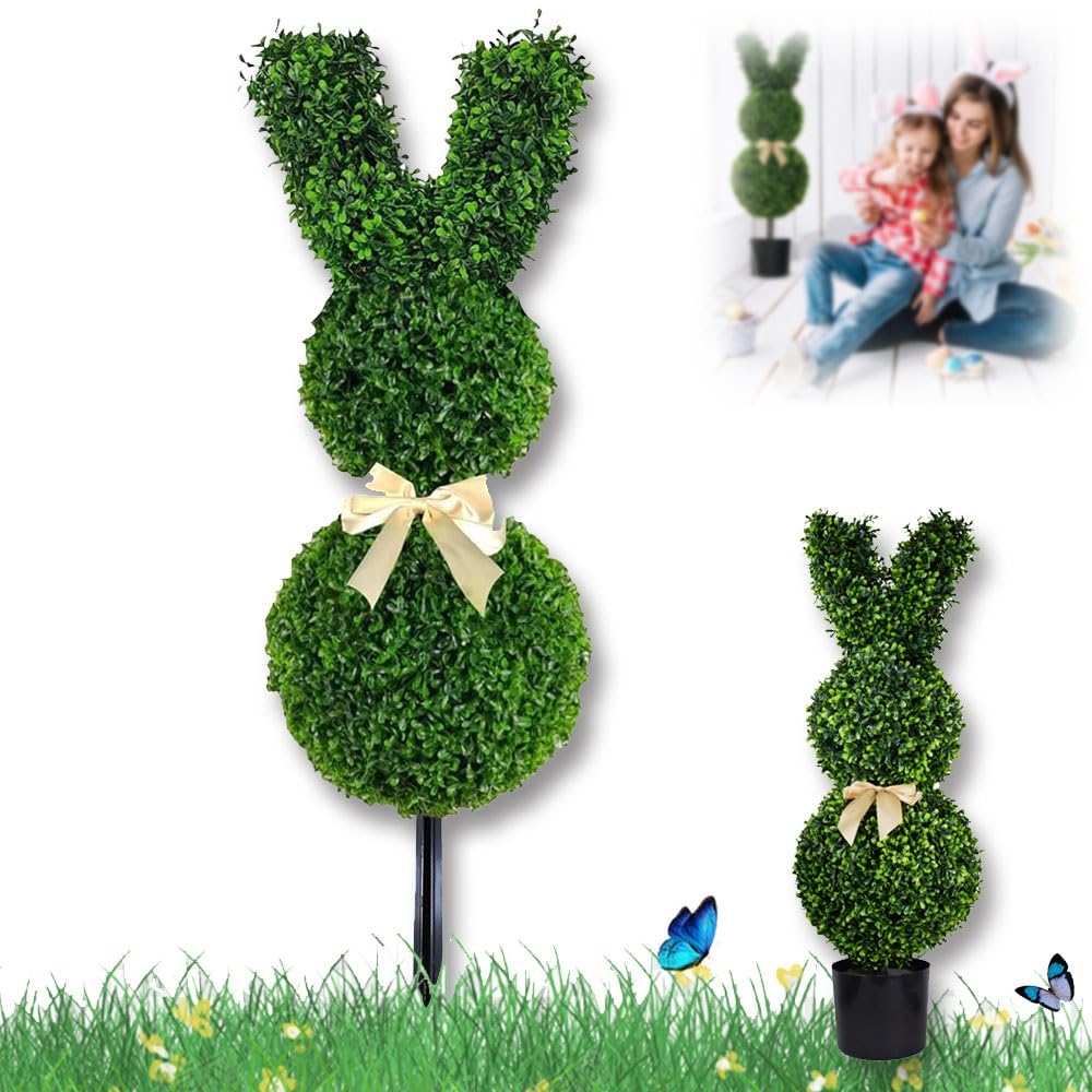 HNGKGJBL 1/2 PCS Bunny Topiary Outdoor, with Ground Spike, Artificial Bunny-Shaped Topiary Tree Pot Fake Easter Plant, Faux Boxwood Bush Plants Indoor & Outdoor Decor(1 PCS Green,50CM)