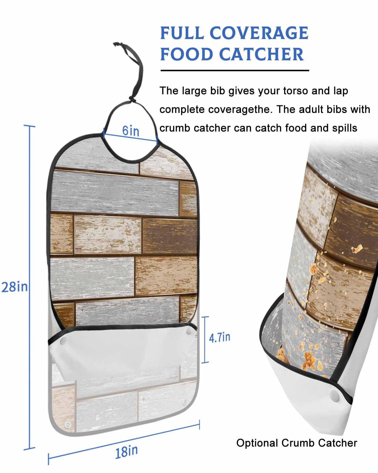 LEOKOTI Farmhouse Grey Brown Adult Bibs for Eating, Waterproof Bibs with Food Catcher & Adjustable Snap Closure, Country Vintage Wooden Washable Clothing Protectors Adult Bibs for Elderly Women/Men