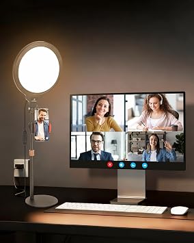 10 Full Screen LED Ring Light with Adjustable Desk Stand, 3 Color Dimmable Video Conference Light for Zoom Meetings, Online Calls, Live Streaming, YouTube, TikTok, USB Powered with Phone Holder