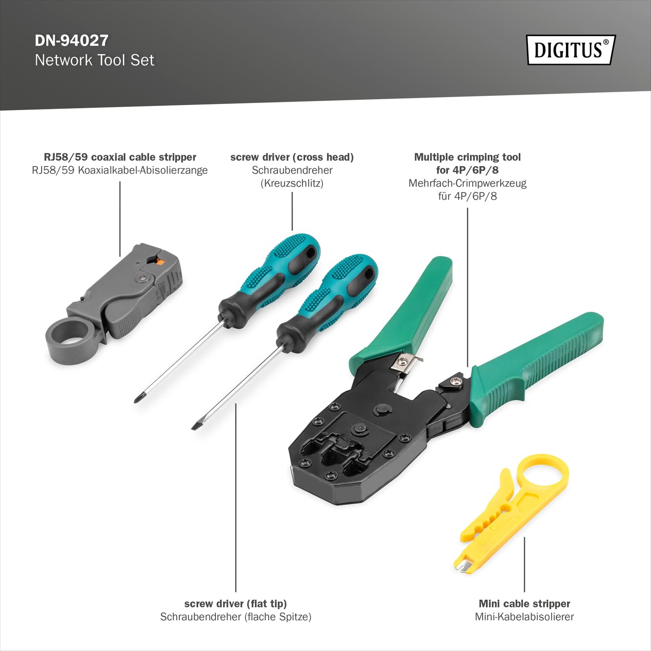 DIGITUS LAN Network Tool Set, Network Tester, Crimping Tool, Cutting & Stripping Tool, LSA Insertion Tool, Screwdriver - Image 3