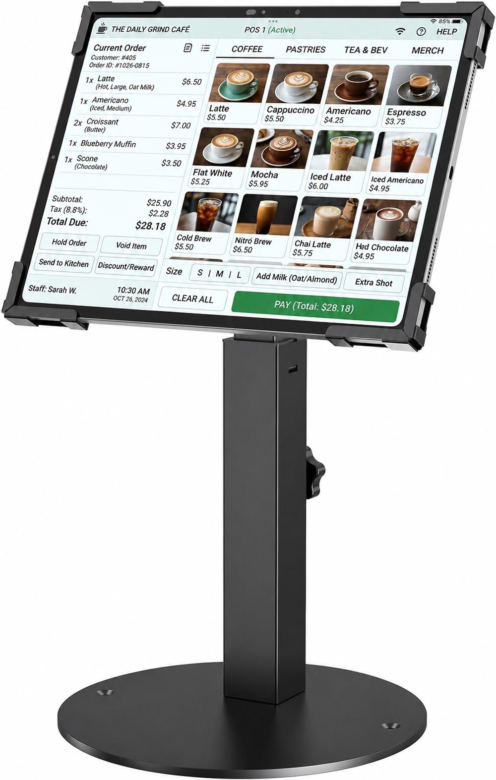 Soporte Antirrobo Kiosco Para Tablet De 10"-14" iPad Pro Air Y Samsung, Montaje TPV De Mostrador Seguro De Acero Resistente Para Negocios Y Tiendas Comerciales, Altura Ajustable, Rotación 360°, Negro