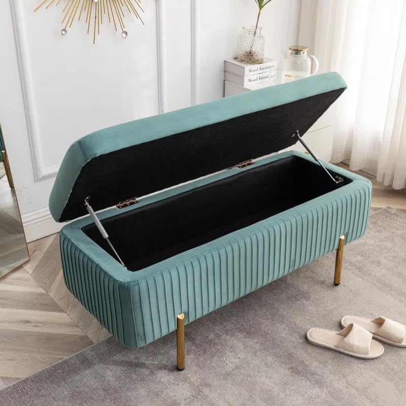 Image of Nutech Decor Velvet Upholstered Flip Top Storage Bench, 2-Seater Ottoman with Hidden Storage, Button Tufted End of Bed Bench for Bedroom, Living Room, Entryway, Hallway & Window Seating