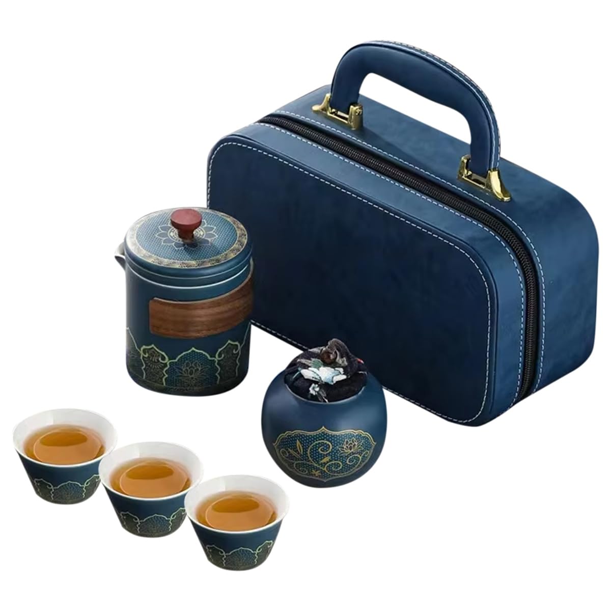 Juego de té artesanal de cerámica con elegante recipiente para exteriores