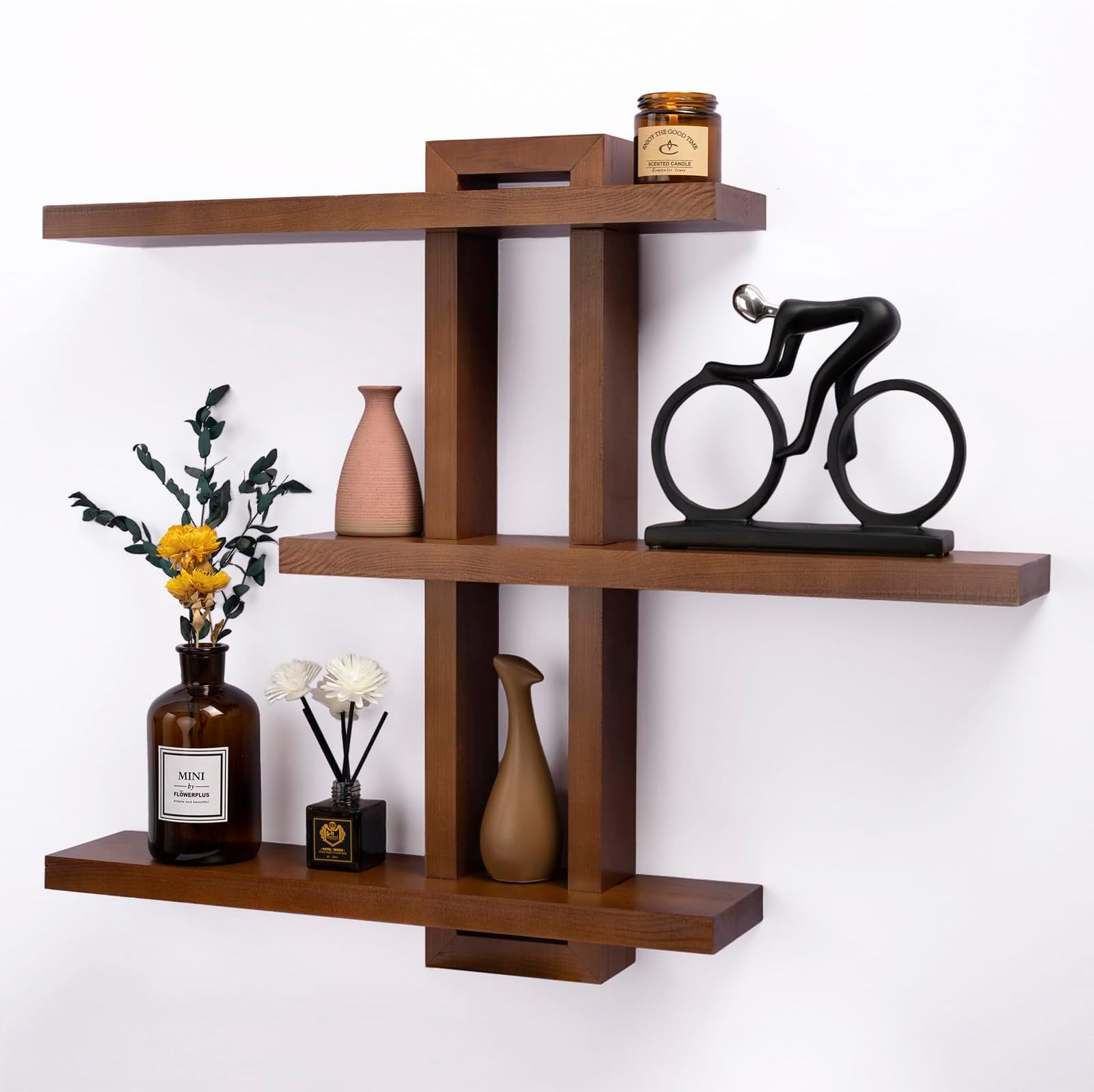 Variable Floating Shelves Wood Set of 3, Cube Wall Mounted Shelves 28.35" Max, Wall Shelves for Living Room Bathroom Bedroom Farmhouse - Light Walnut Color - 28.35" x 23" x 4.3" Max