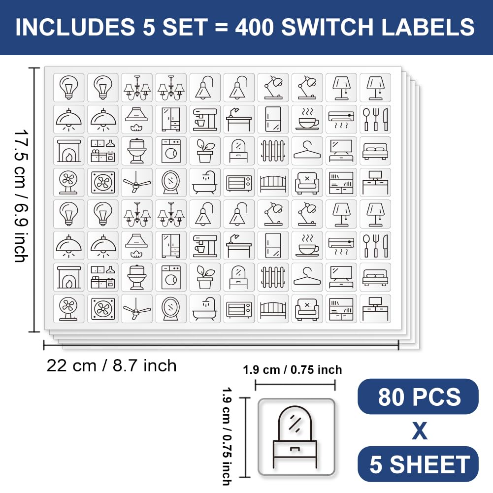 400 étiquette Autocollante pour Interrupteur 34 modèles Autocollants D'Étiquettes de Tableau de Distribution Noirs pour la Maison Cuisine Salle de Bains École de Bureau 19x19mm