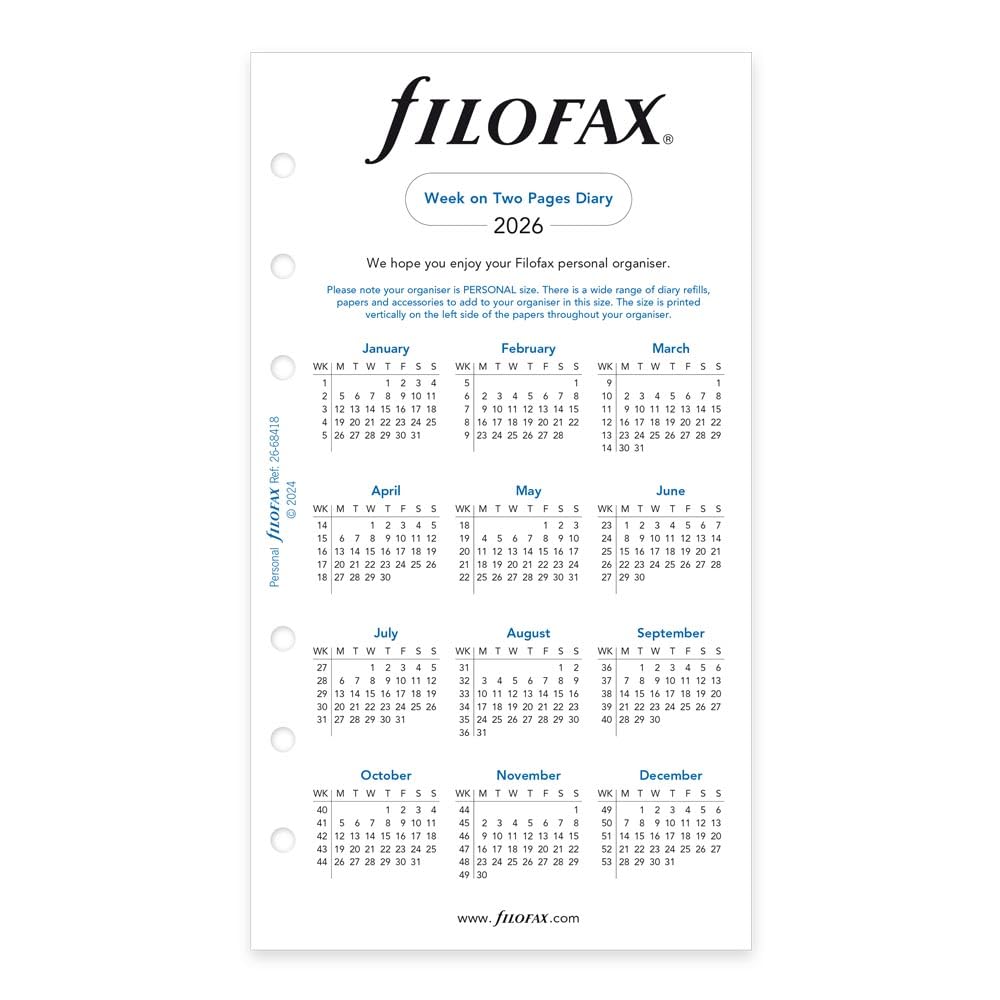 Filofax Terminplaner 2026, 1 Woche auf 2 Seiten, liniert, englisch, 9,5 x 17,1 cm