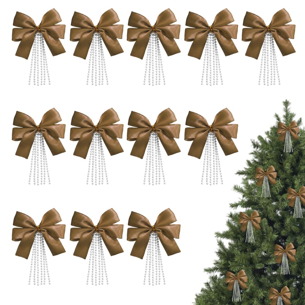 Christmas Tree Bows, 12PCS Ribbon Ornaments with Pearl Tassel