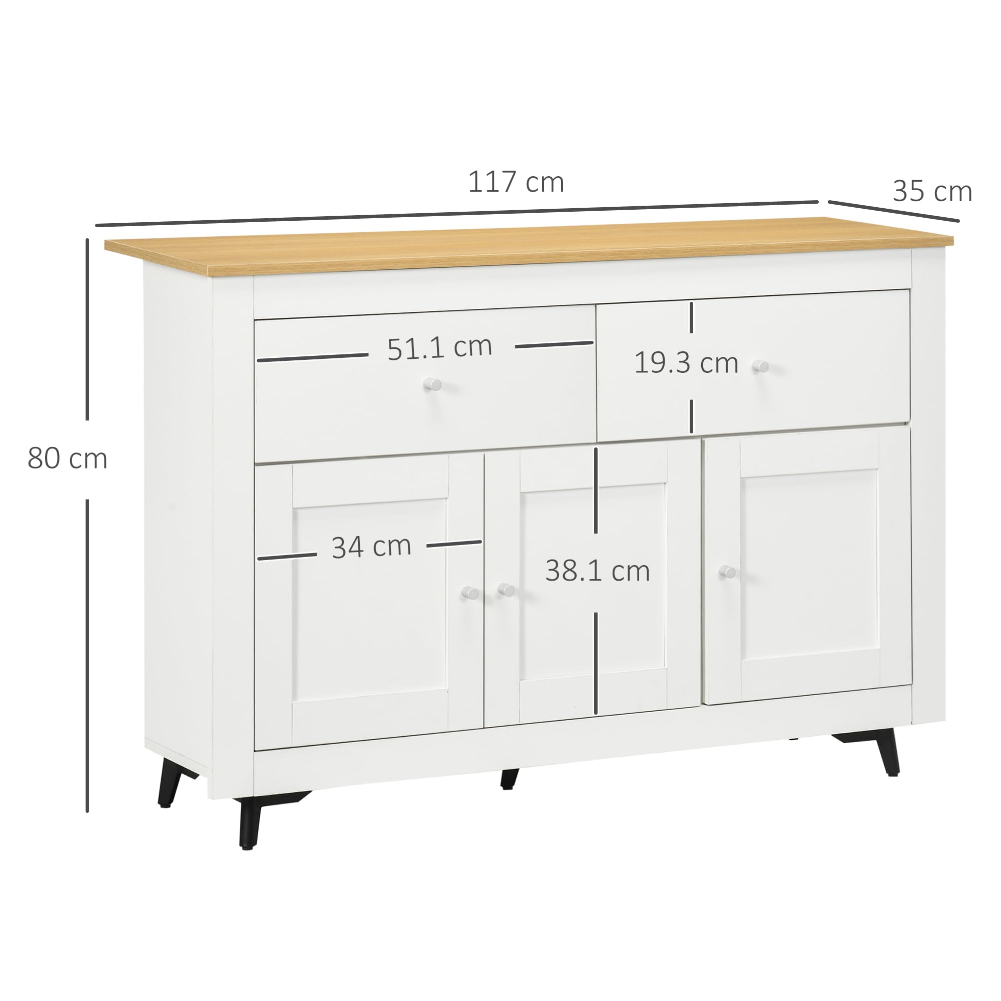 HOMCOM Credenza Cucina Buffet Moderna Madia 2 Cassetti 117x35x80 cm Bianco | 3 Ante Soft Close, Mobile Cucina, Ripiano Regolabile, Soggiorno e Ingresso, in Legno