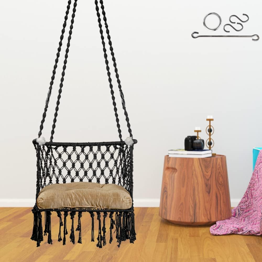 Patiofy Made in India Premium C-Swing Chair for Adults, Kids Hammock-Hanging Chair Swing with Golden Color Cushion and Accessories/ Swing Cushion (Cotton,Black)