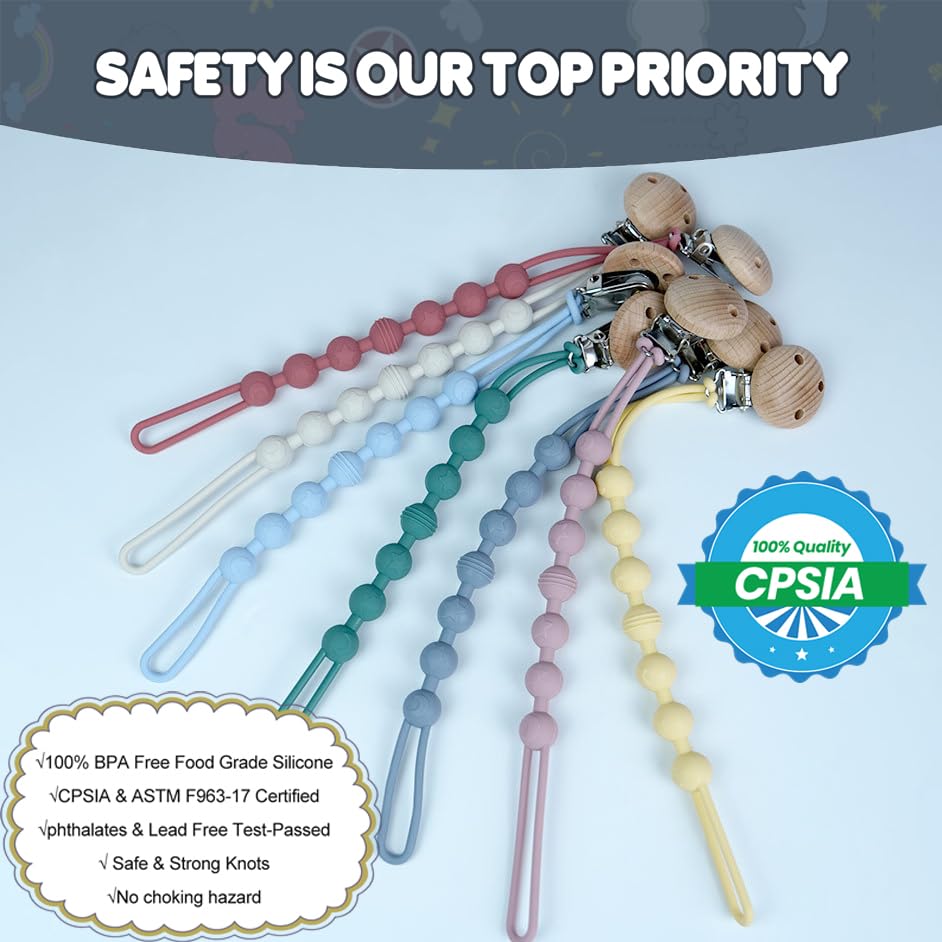 Image of Silicone Pacifier Clip for Baby Boys Girls Paci Binky Holder 5 Pack | food grade silicone, one piece design, soothe binky holder, teething relief, baby shower, birthday, christmas, baby registry