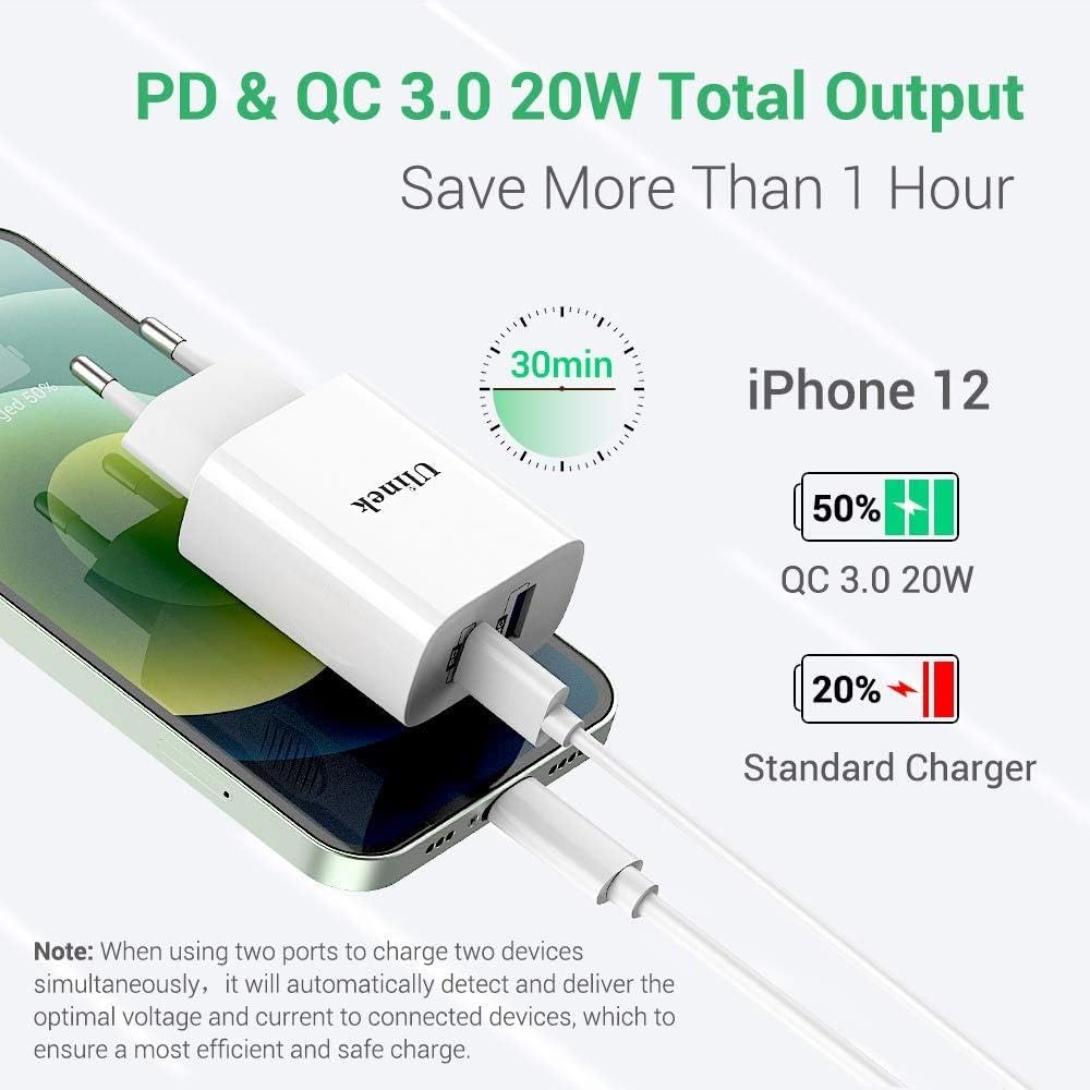 Ulinek 20W Caricatore Rapido IPhone Con 2 Porte USB-C E USB-A – Alimentatore Veloce Per IPhone 14/13/12/11 E IPad