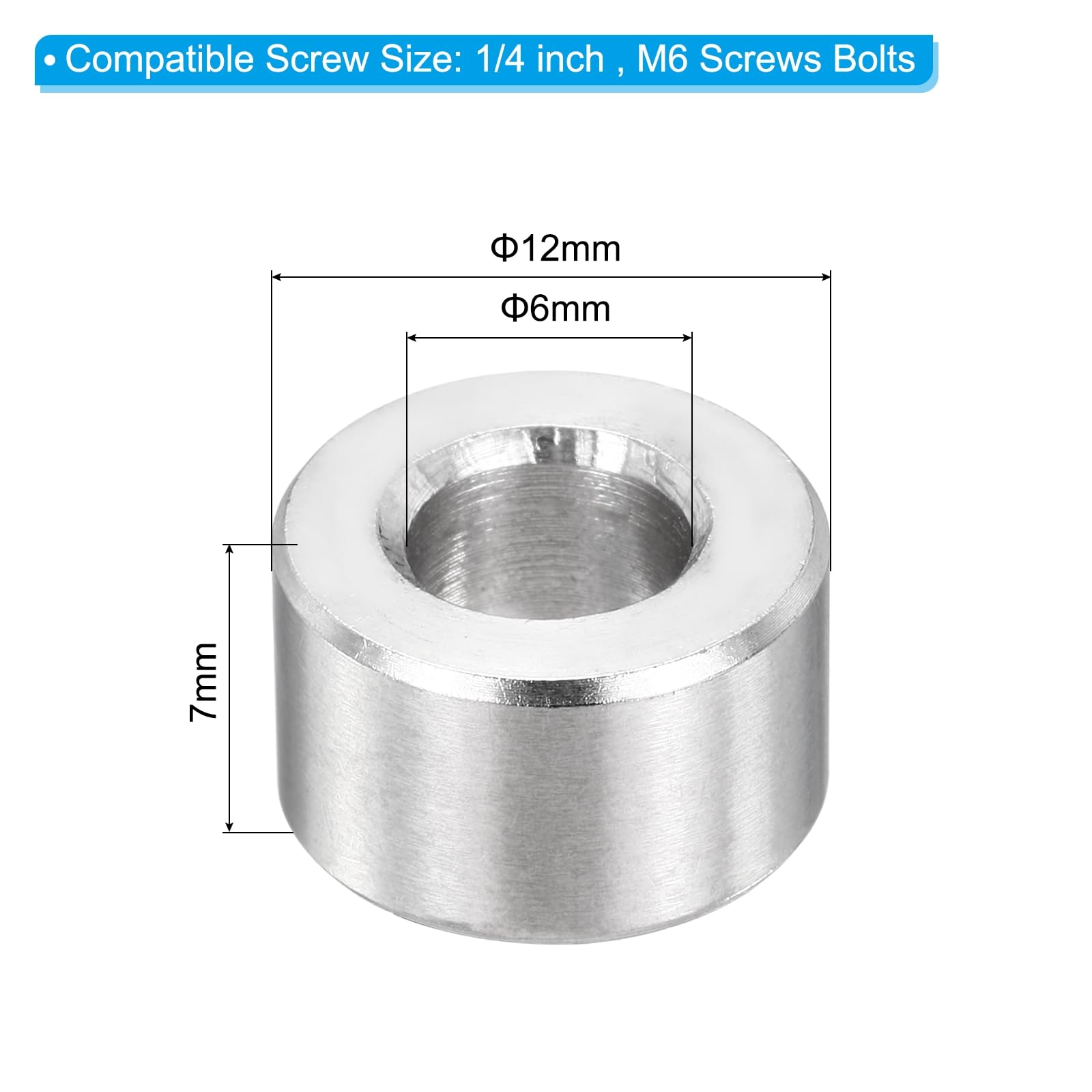 PATIKIL M6 Stainless Steel Spacers, 12Pcs Metal Spacer 6mm ID x 12mm OD x 7mm L Screw Standoff for 1/4" or M6 Screw - Image 2
