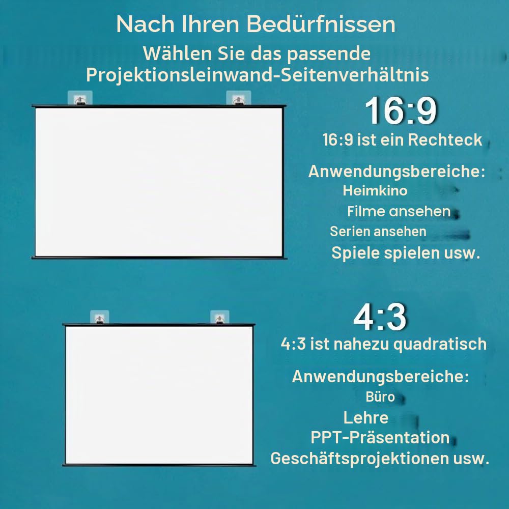 HD Beamer Leinwand Manuell Ausziehbar Projektionsleinwand 50 Zoll 60 Zoll 72 Zoll Heimkino Projektor Leinwand Für Outdoor Indoor Filmleinwand, 4:3 16:9 Format(60 Inch (16:9))