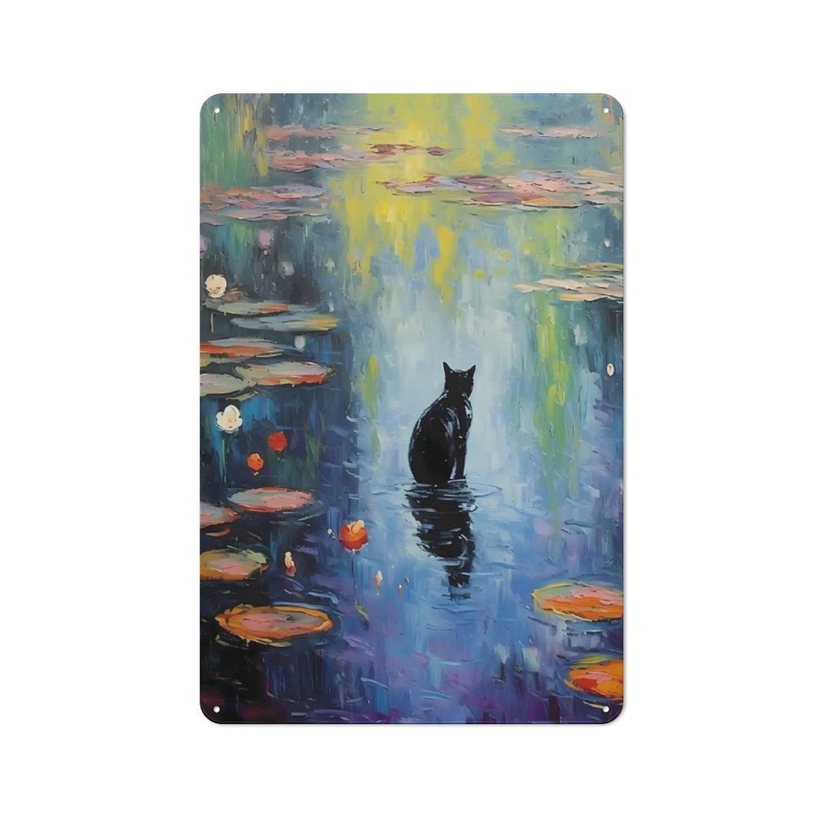 Junmoney Black Cat Monet Waterlily Farmhouse Metal Sign 30X20cm, Rustic Cottage Wall Art For Cottage, Kitchen, Hallway Or Breakfast Nook