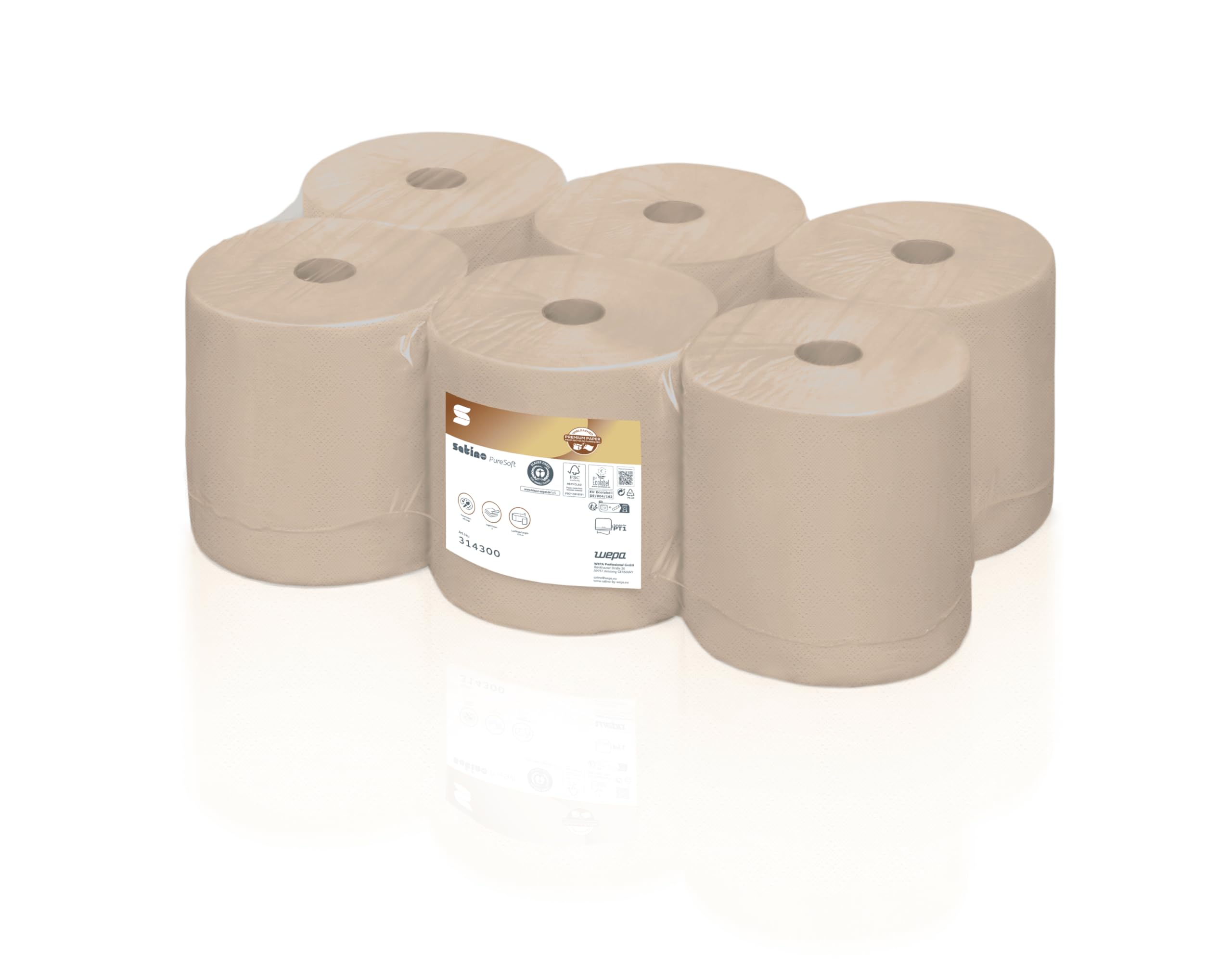 Papierhandtücher 2-lagig – 6 x 170m – die Innovation aus recyceltem Karton – genauso saugstark und reißfest – funktional, ergiebig und aus alternativen Rohstoffen - Satino PureSoft