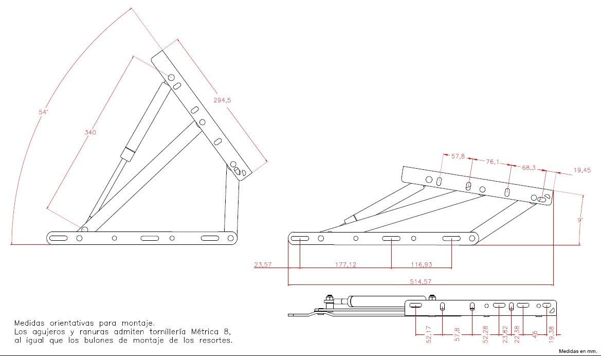 Juego de 2 bisagras para canapé con resortes de 900N - Ideal para canapés con apertura lateral de 150 cm - Cuens