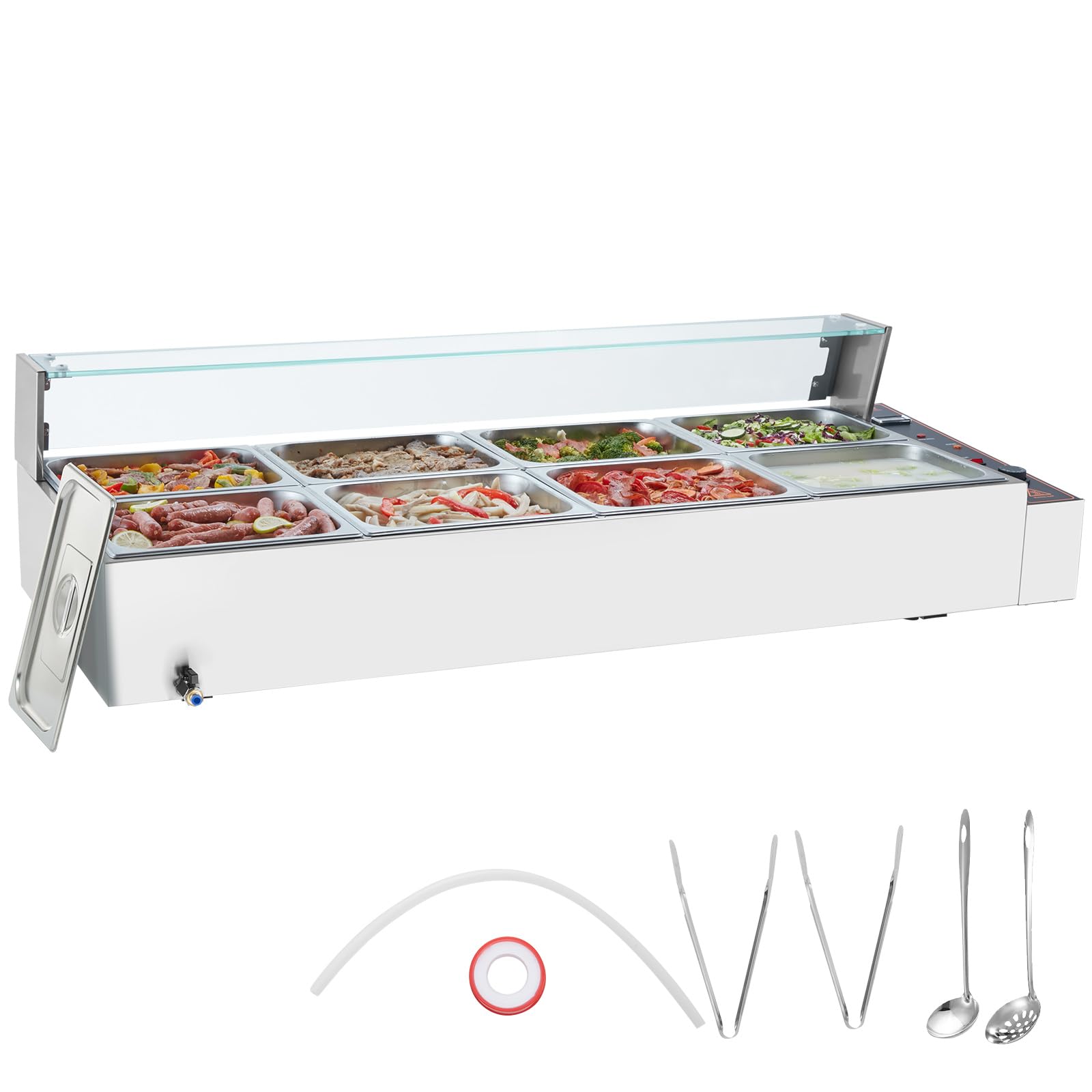 VEVOR 8-Pan Commercial Food Warmer, 8 x 12QT Electric Steam Table with Glass Cover, 3200W Countertop Stainless Steel Buffet Bain Marie w/Thermometer 86-185°F Temp Control for Catering, Restaurants