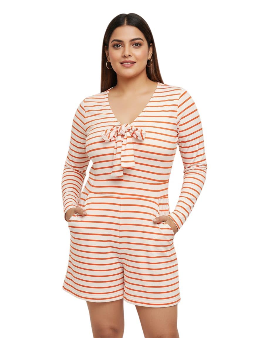 Women's Striped Romper with V-Neck, Front Tie & Side Pockets-picture-40