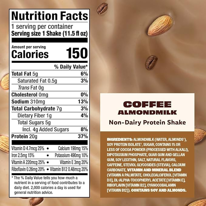 Premier Protein Non-Dairy Plant Based Almondmilk Protein Shake, Coffee with Caffeine for Energy – 20g Protein, 5g Sugar, 11.5 Fl oz (12 Pack)
