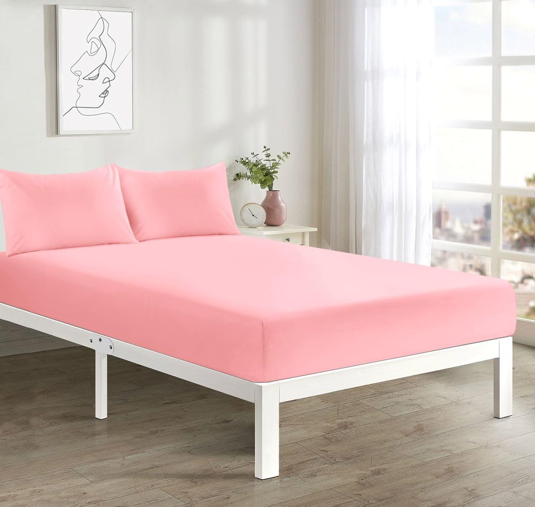 Microfiber Fitted Sheet 25cm Deep Shrink & Fade Resistant, soft & Breathable, Wrinkle-Free Hotel Quality Bed Sheet For Single to Super King Size Bed Bottom Sheet (Pink, Single)