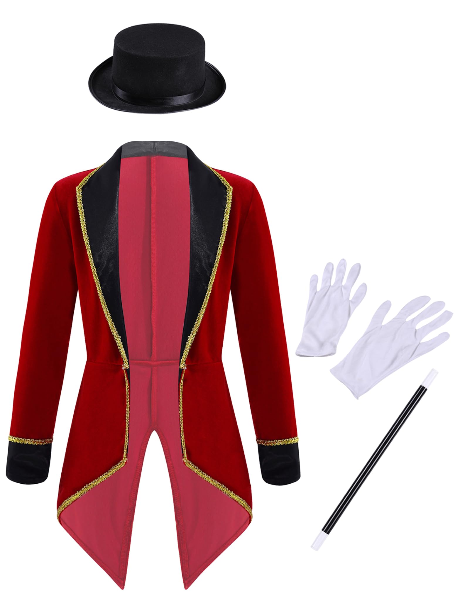 Rswnyirn Boys/girls 4pcs Circus Ringmaster Magic Costume Tuxedo Outfit Long Sleeve Tailcoat Jacket with Accessory Burgundy 7-8 Years