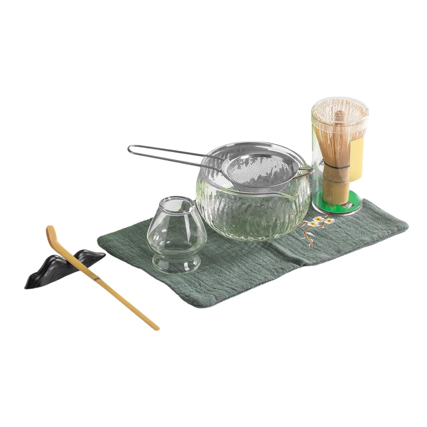 Japanese Tea Set (7pcs) - Matcha Whisk Set With Bowl, Bamboo Whisk (Chasen), Scoop (Chashaku), Holder, Pouring Spout - Tea Making Kit - White Glass